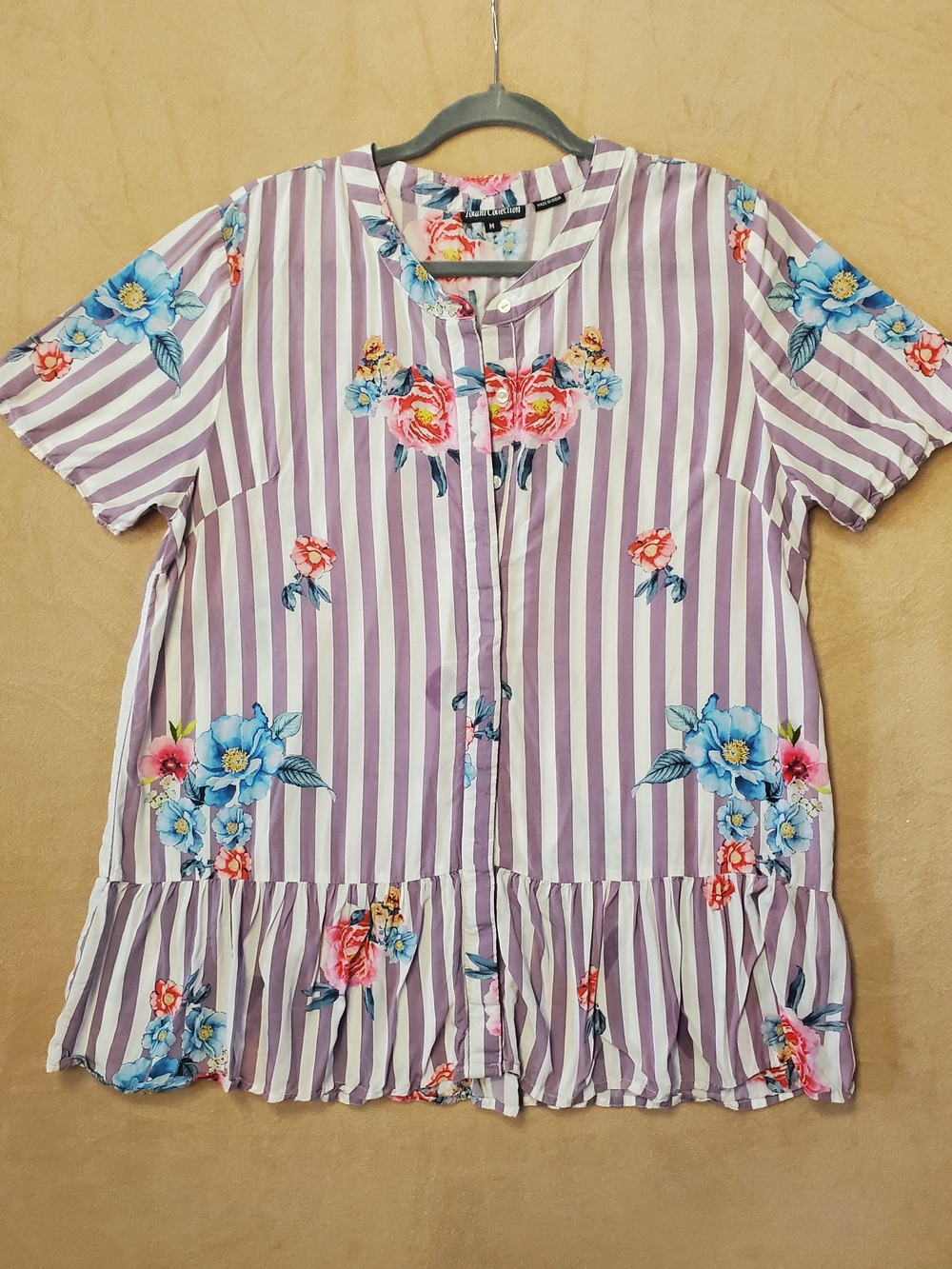 Womens Lavender Stripe Floral Button-Front Dress